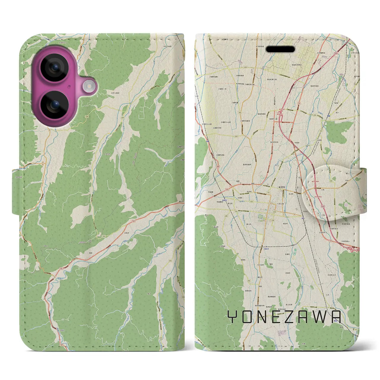 【米沢(山形県)】地図柄iPhoneケース(手帳タイプ)ナチュラル・iPhone 16 Pro 用