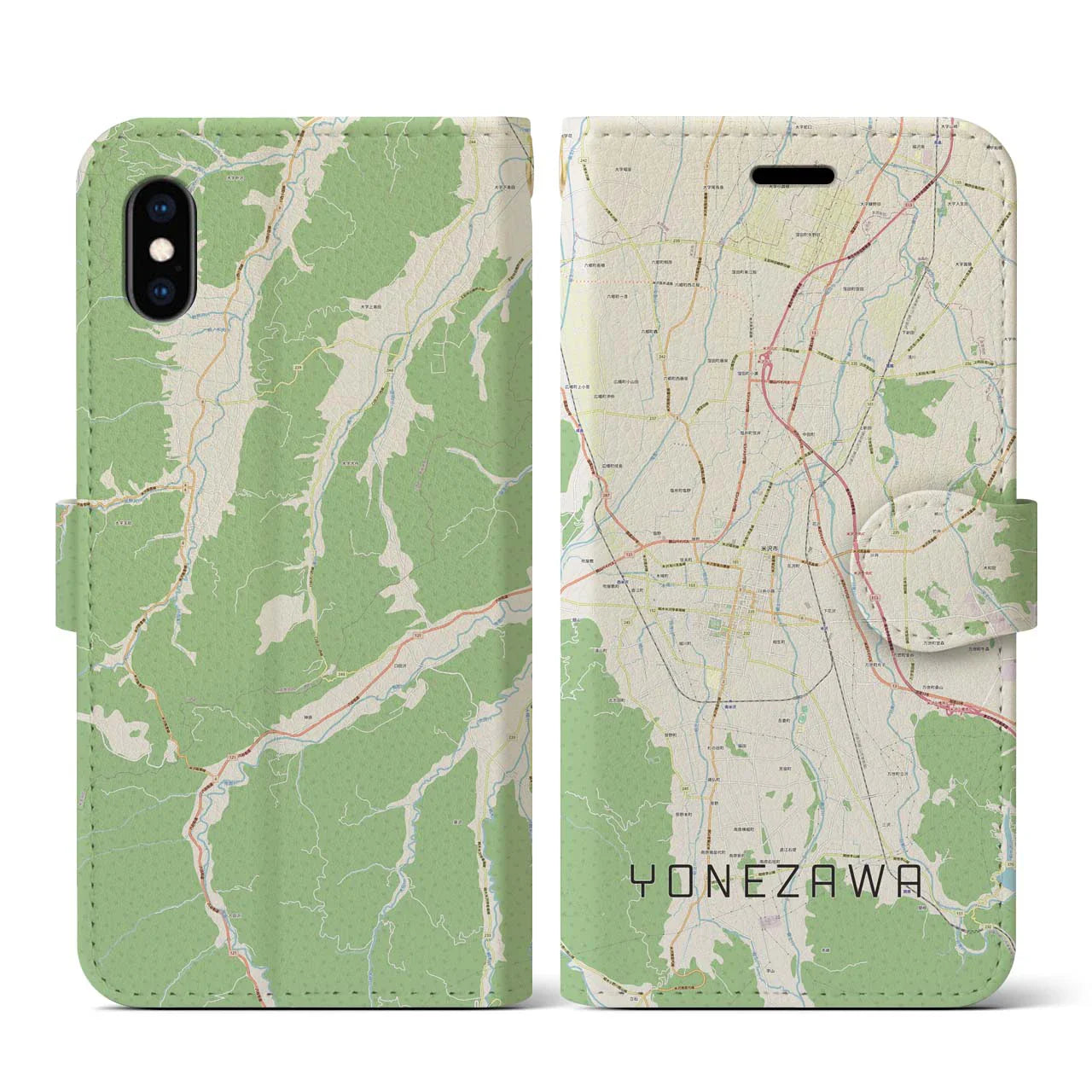 【米沢(山形県)】地図柄iPhoneケース(手帳タイプ)ナチュラル・iPhone XS / X 用