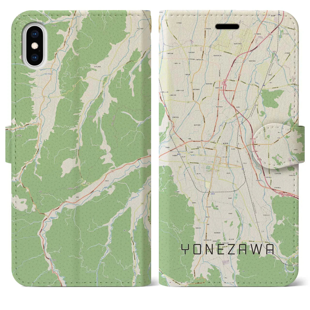 【米沢(山形県)】地図柄iPhoneケース(手帳タイプ)ナチュラル・iPhone XS Max 用