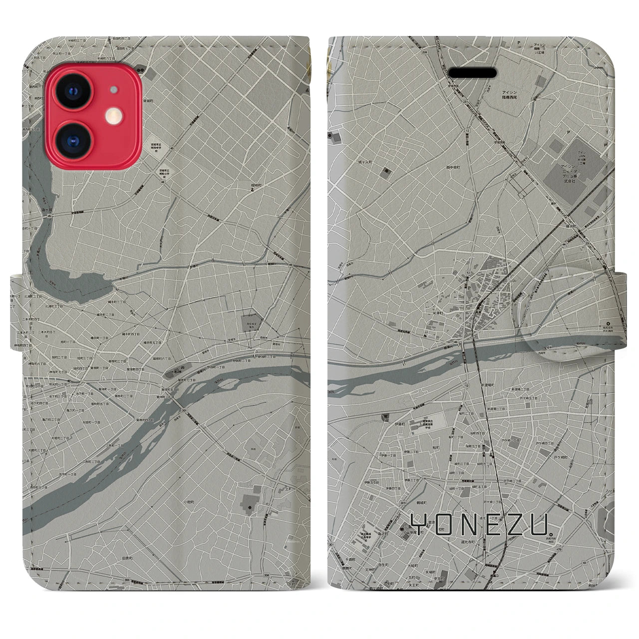 【米津(愛知県)】地図柄iPhoneケース(手帳タイプ)モノトーン・iPhone 11 用