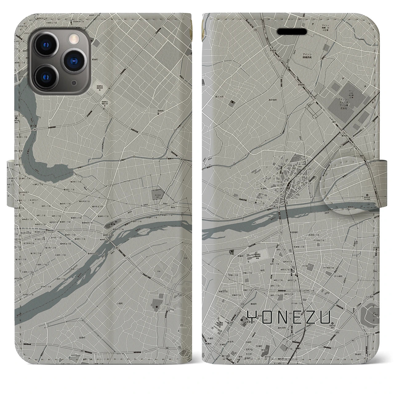 【米津(愛知県)】地図柄iPhoneケース(手帳タイプ)モノトーン・iPhone 11 Pro Max 用