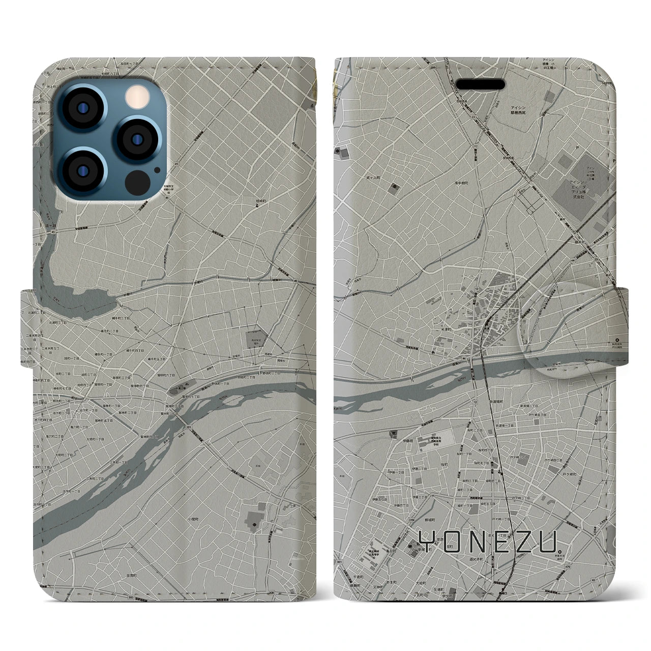 【米津(愛知県)】地図柄iPhoneケース(手帳タイプ)モノトーン・iPhone 12 / 12 Pro 用