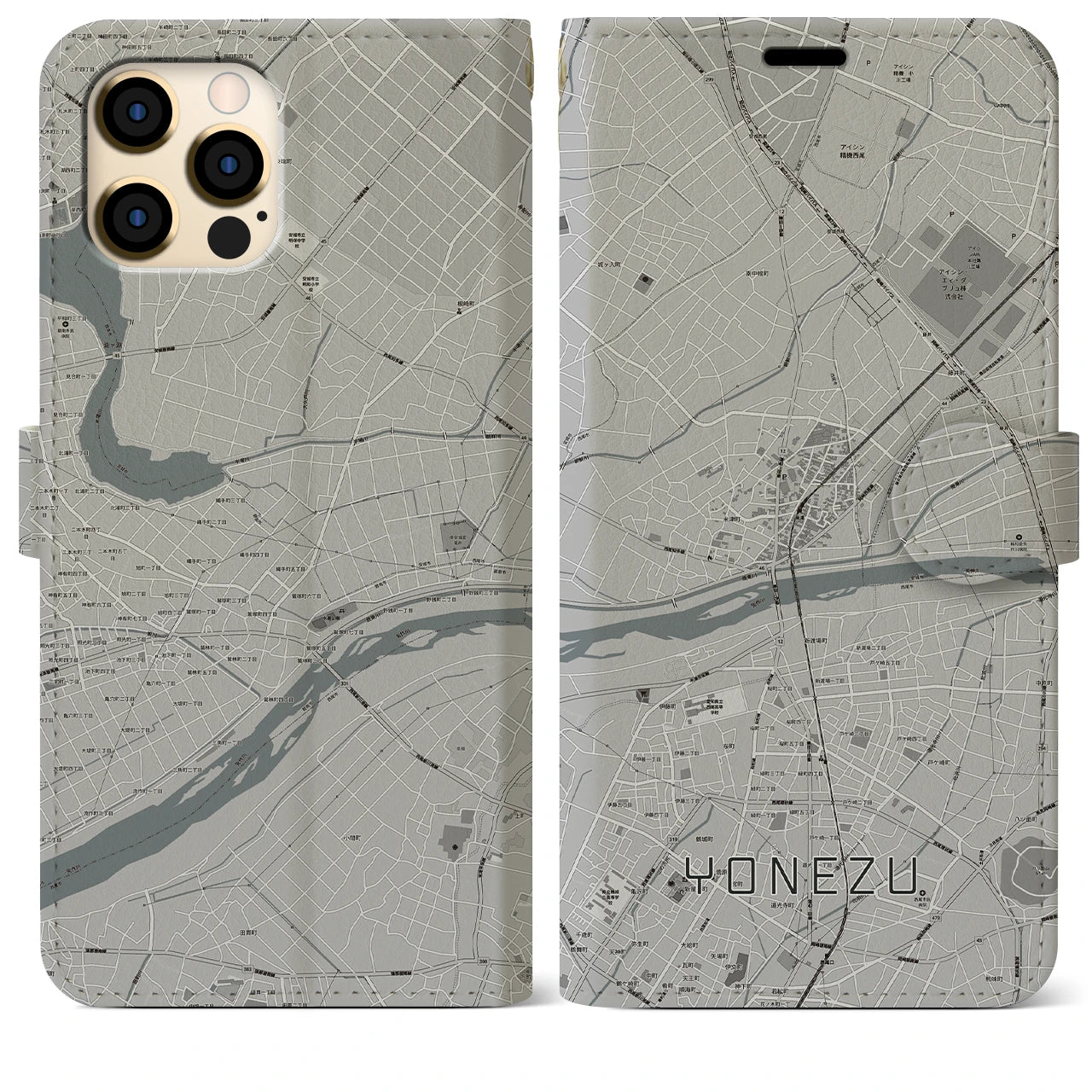 【米津(愛知県)】地図柄iPhoneケース(手帳タイプ)モノトーン・iPhone 12 Pro Max 用
