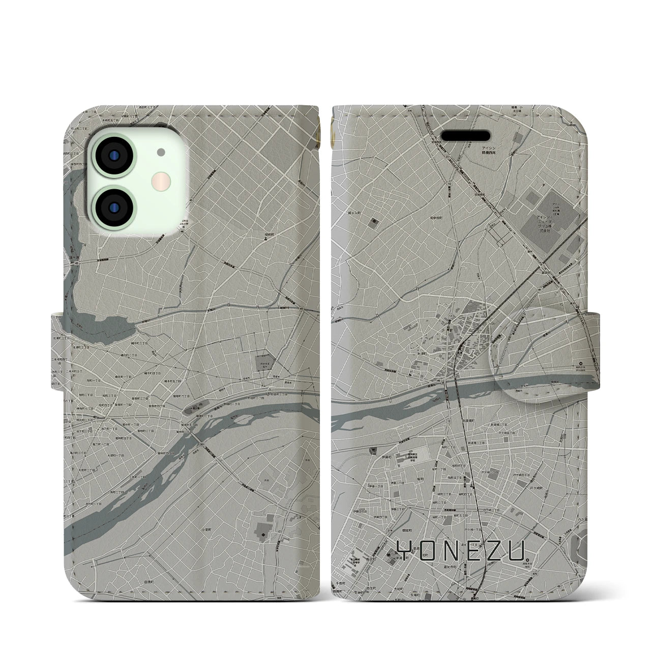 【米津(愛知県)】地図柄iPhoneケース(手帳タイプ)モノトーン・iPhone 12 mini 用