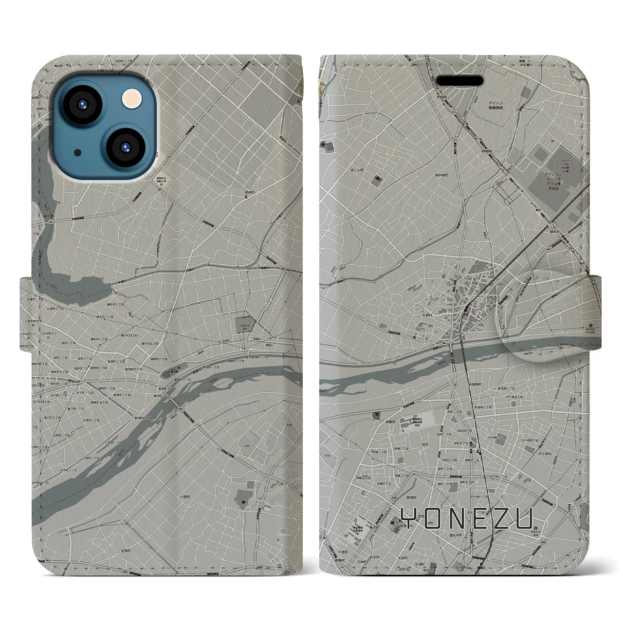 【米津(愛知県)】地図柄iPhoneケース(手帳タイプ)モノトーン・iPhone 13 用
