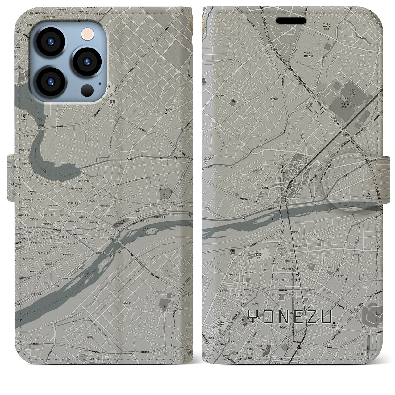 【米津(愛知県)】地図柄iPhoneケース(手帳タイプ)モノトーン・iPhone 13 Pro Max 用
