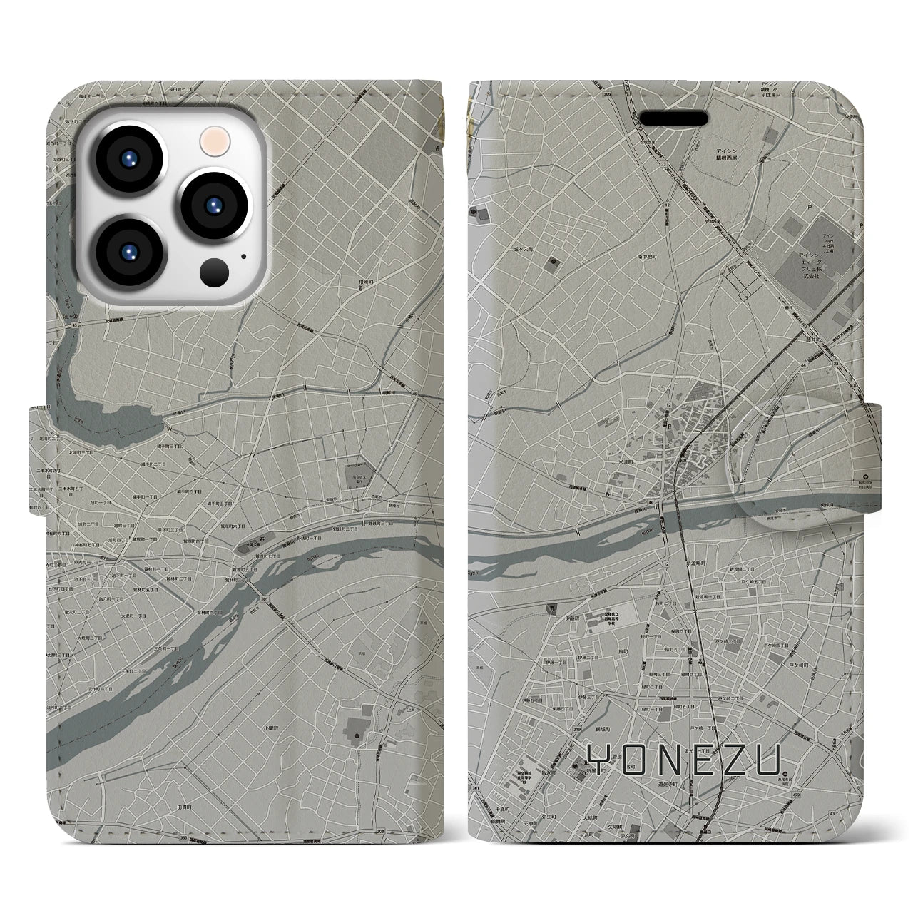 【米津(愛知県)】地図柄iPhoneケース(手帳タイプ)モノトーン・iPhone 13 Pro 用