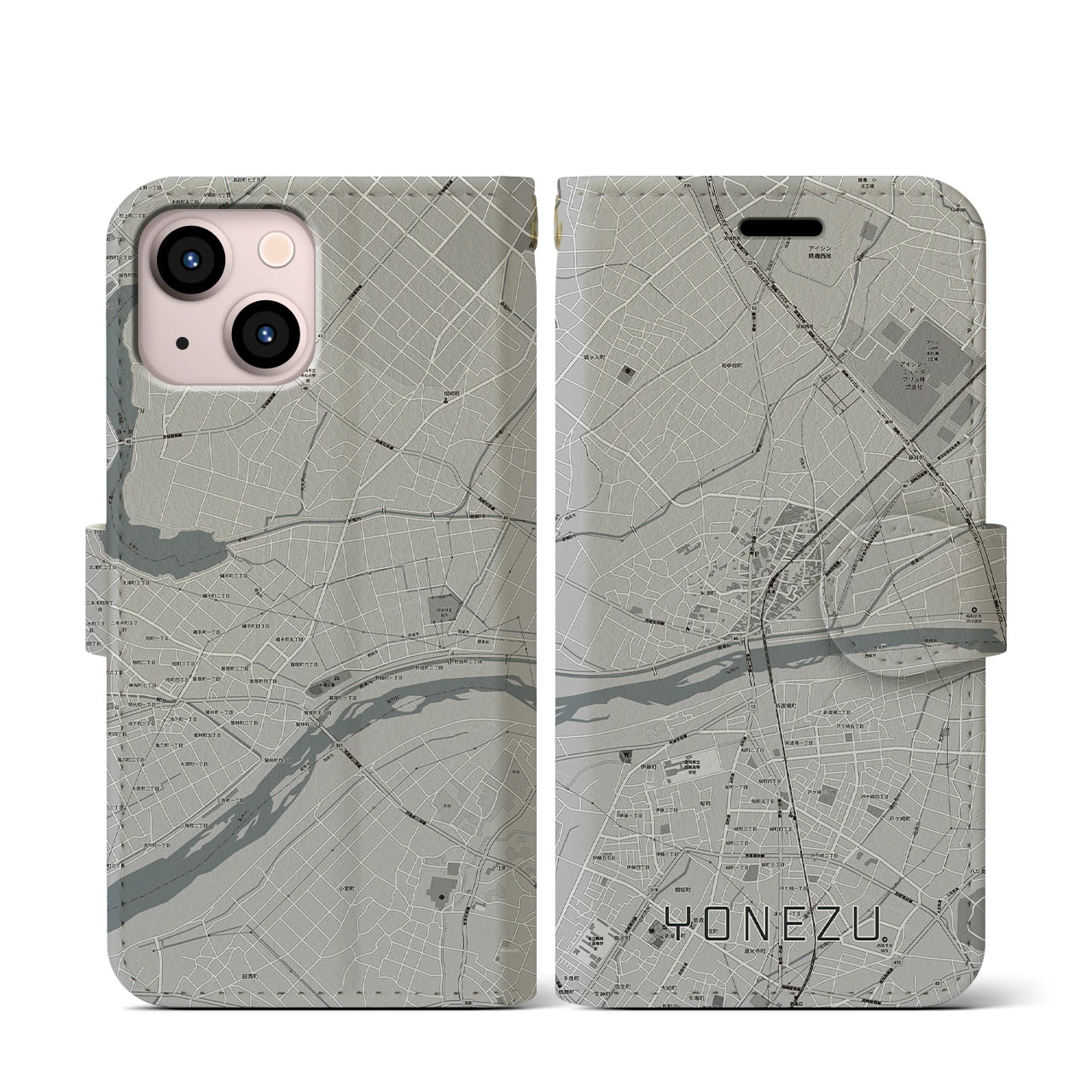 【米津(愛知県)】地図柄iPhoneケース(手帳タイプ)モノトーン・iPhone 13 mini 用