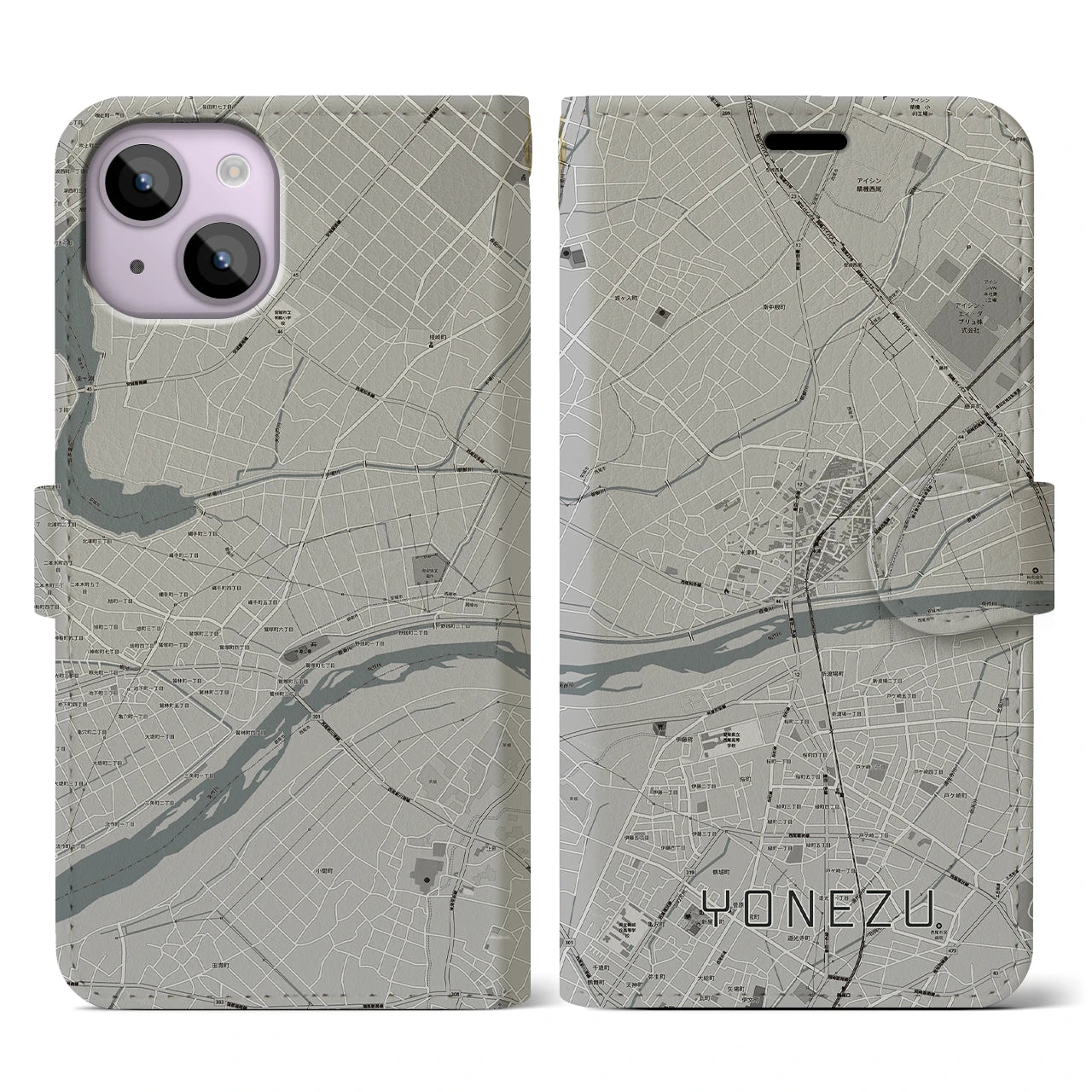 【米津(愛知県)】地図柄iPhoneケース(手帳タイプ)モノトーン・iPhone 14 用