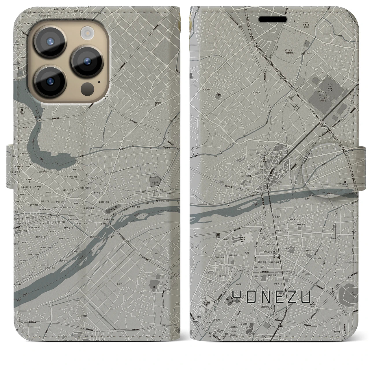 【米津(愛知県)】地図柄iPhoneケース(手帳タイプ)モノトーン・iPhone 14 Pro Max 用