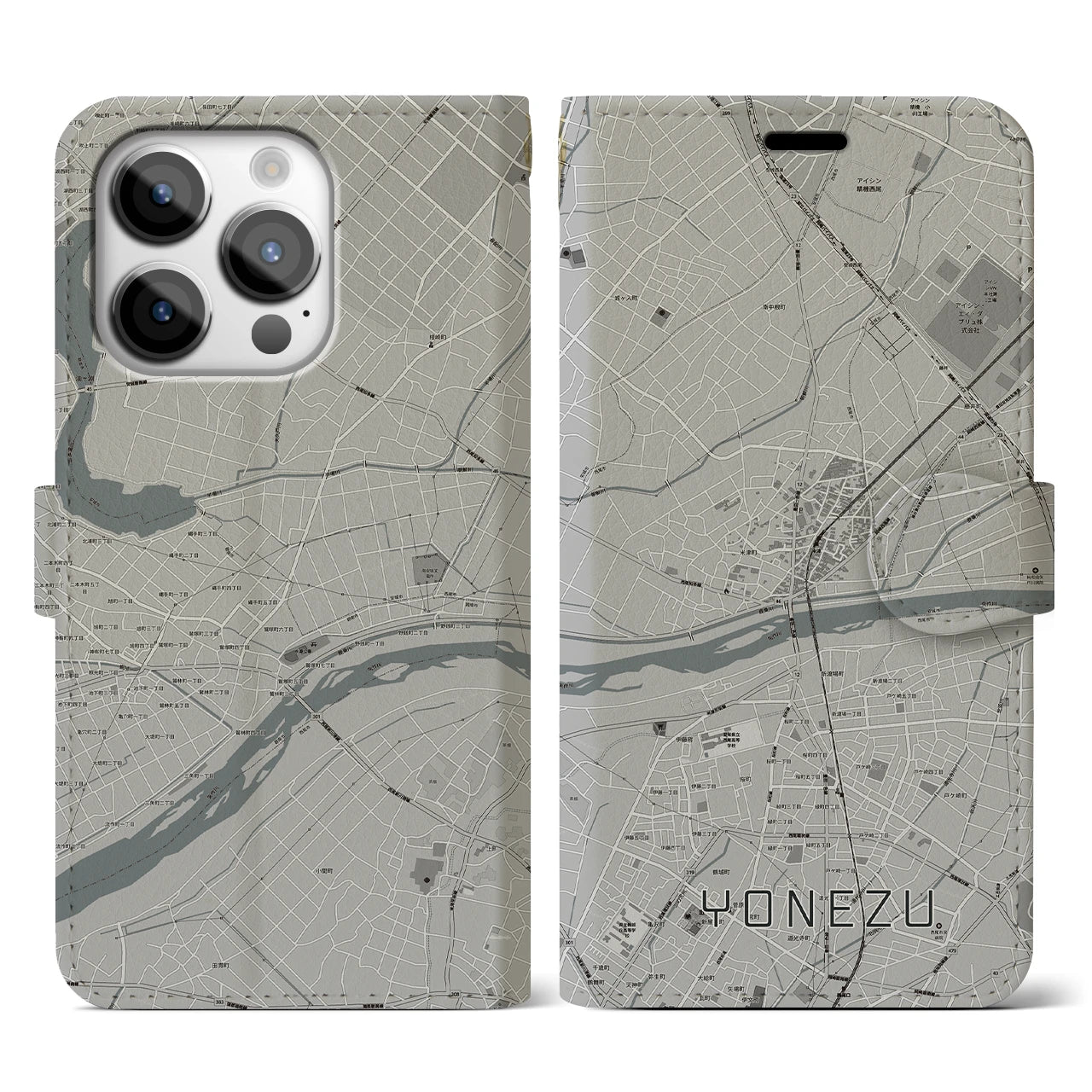 【米津(愛知県)】地図柄iPhoneケース(手帳タイプ)モノトーン・iPhone 14 Pro 用