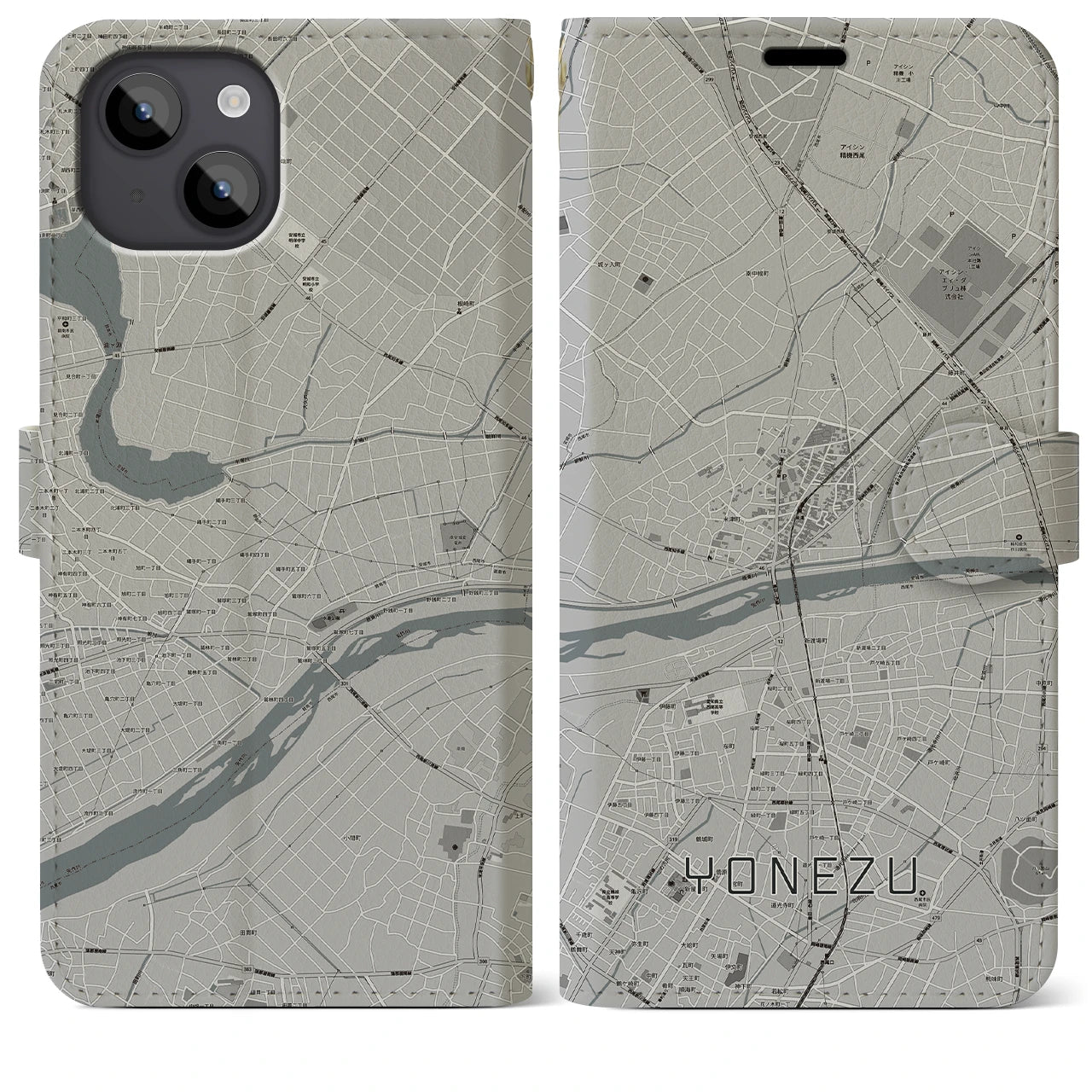 【米津(愛知県)】地図柄iPhoneケース(手帳タイプ)モノトーン・iPhone 14 Plus 用