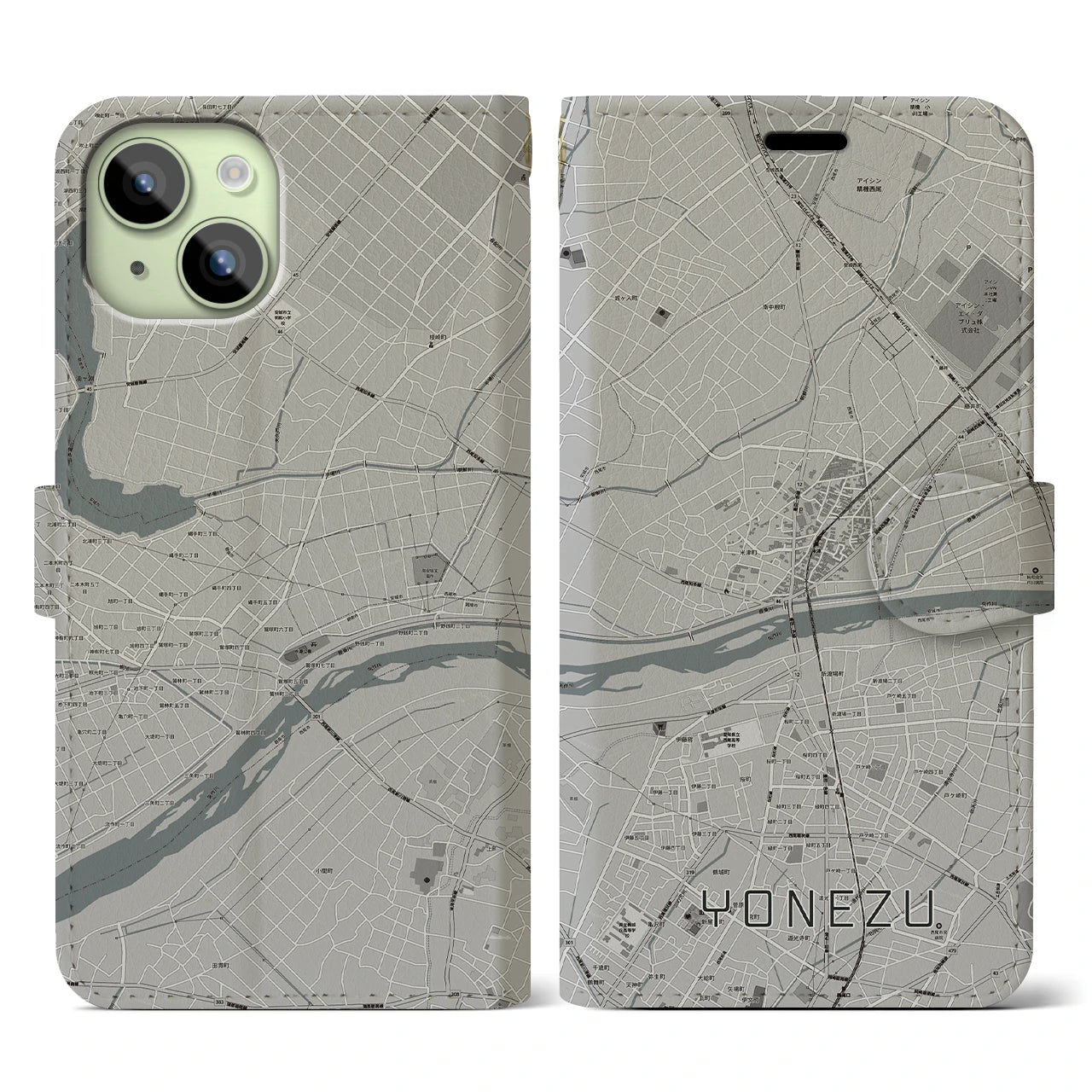【米津(愛知県)】地図柄iPhoneケース(手帳タイプ)モノトーン・iPhone 15 用