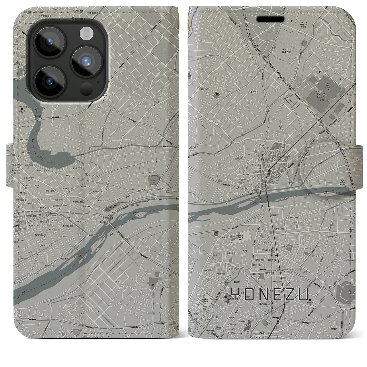 【米津(愛知県)】地図柄iPhoneケース(手帳タイプ)モノトーン・iPhone 15 Pro Max 用