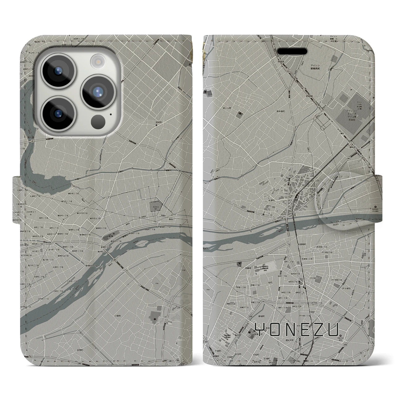 【米津(愛知県)】地図柄iPhoneケース(手帳タイプ)モノトーン・iPhone 15 Pro 用
