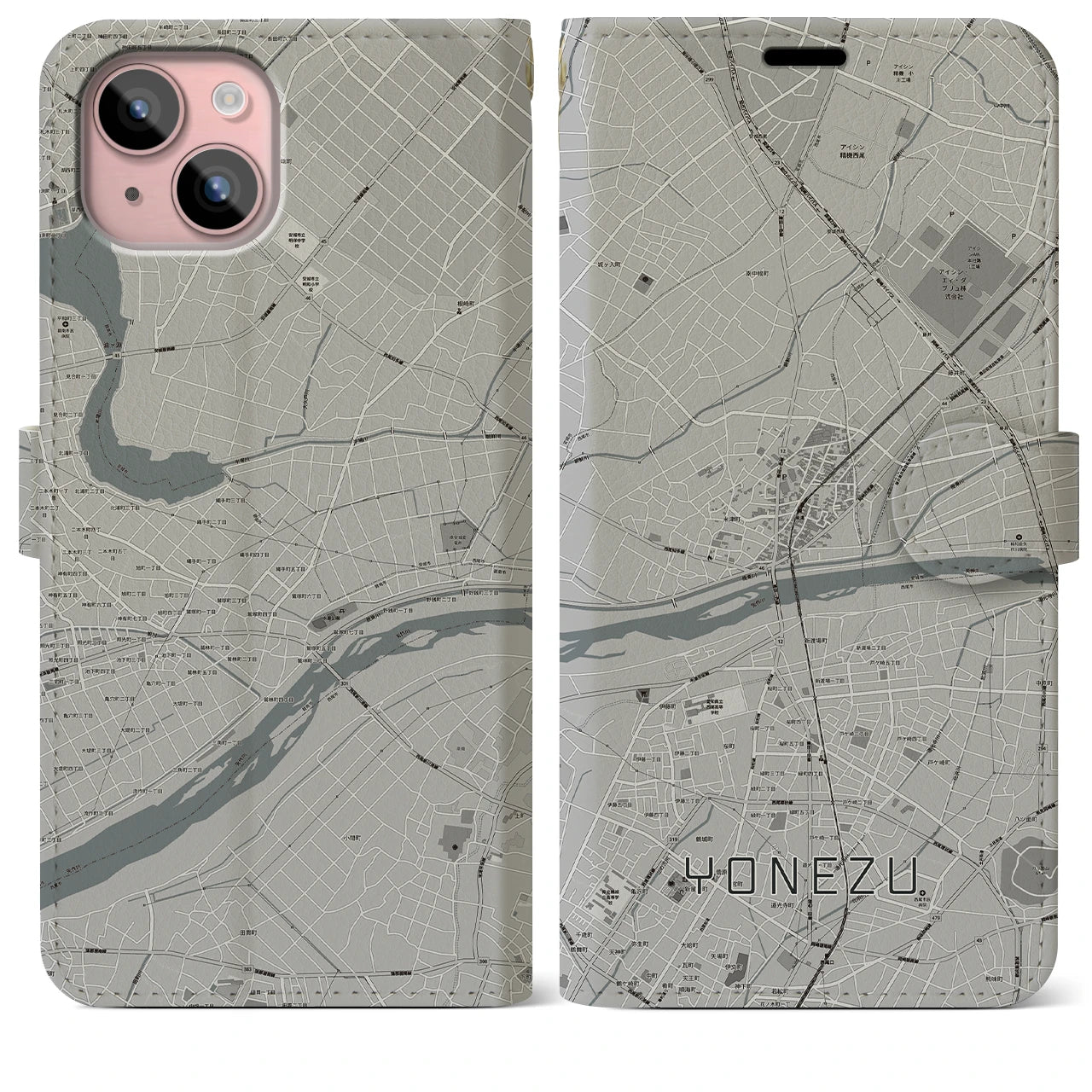 【米津(愛知県)】地図柄iPhoneケース(手帳タイプ)モノトーン・iPhone 15 Plus 用