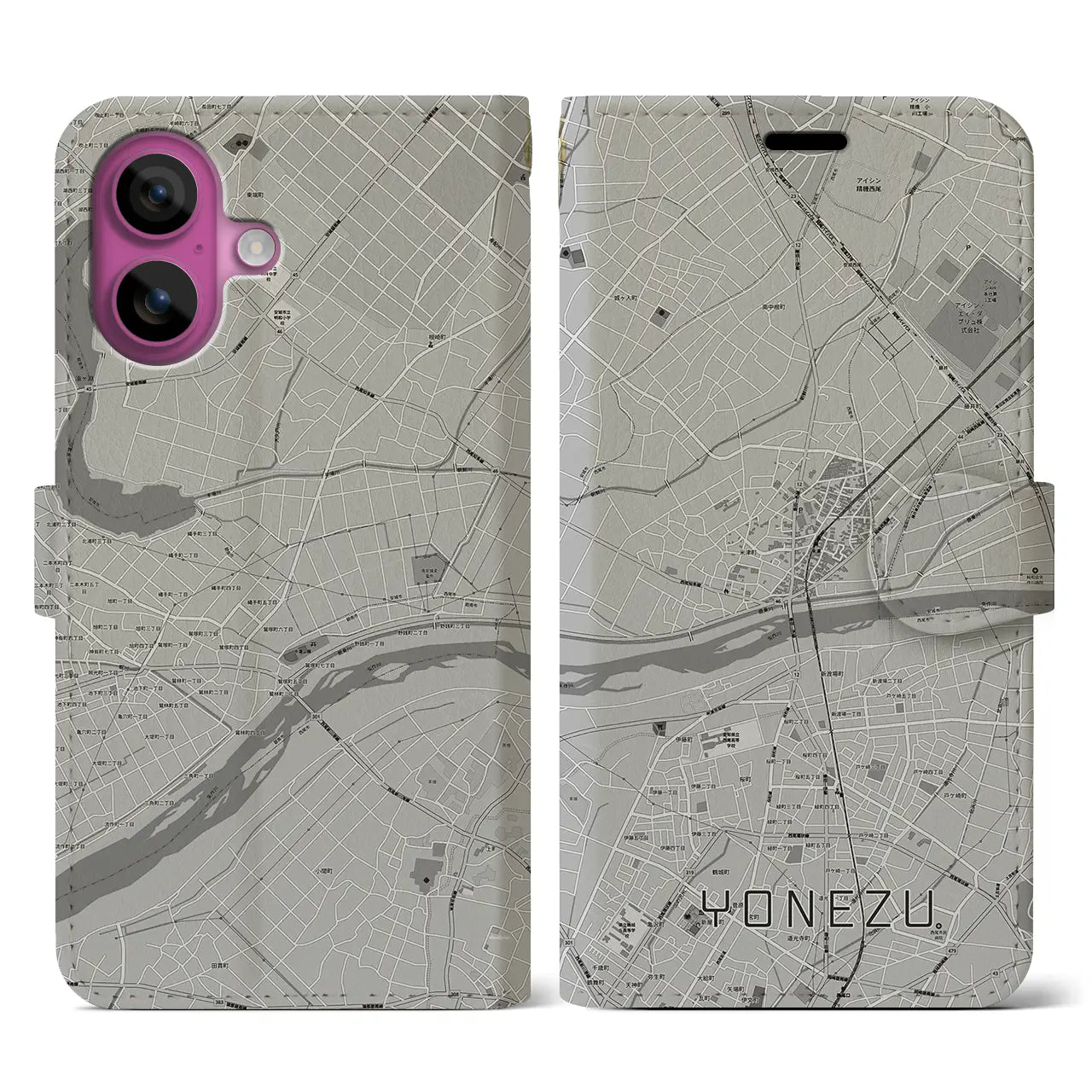 【米津(愛知県)】地図柄iPhoneケース(手帳タイプ)モノトーン・iPhone 16 Pro 用