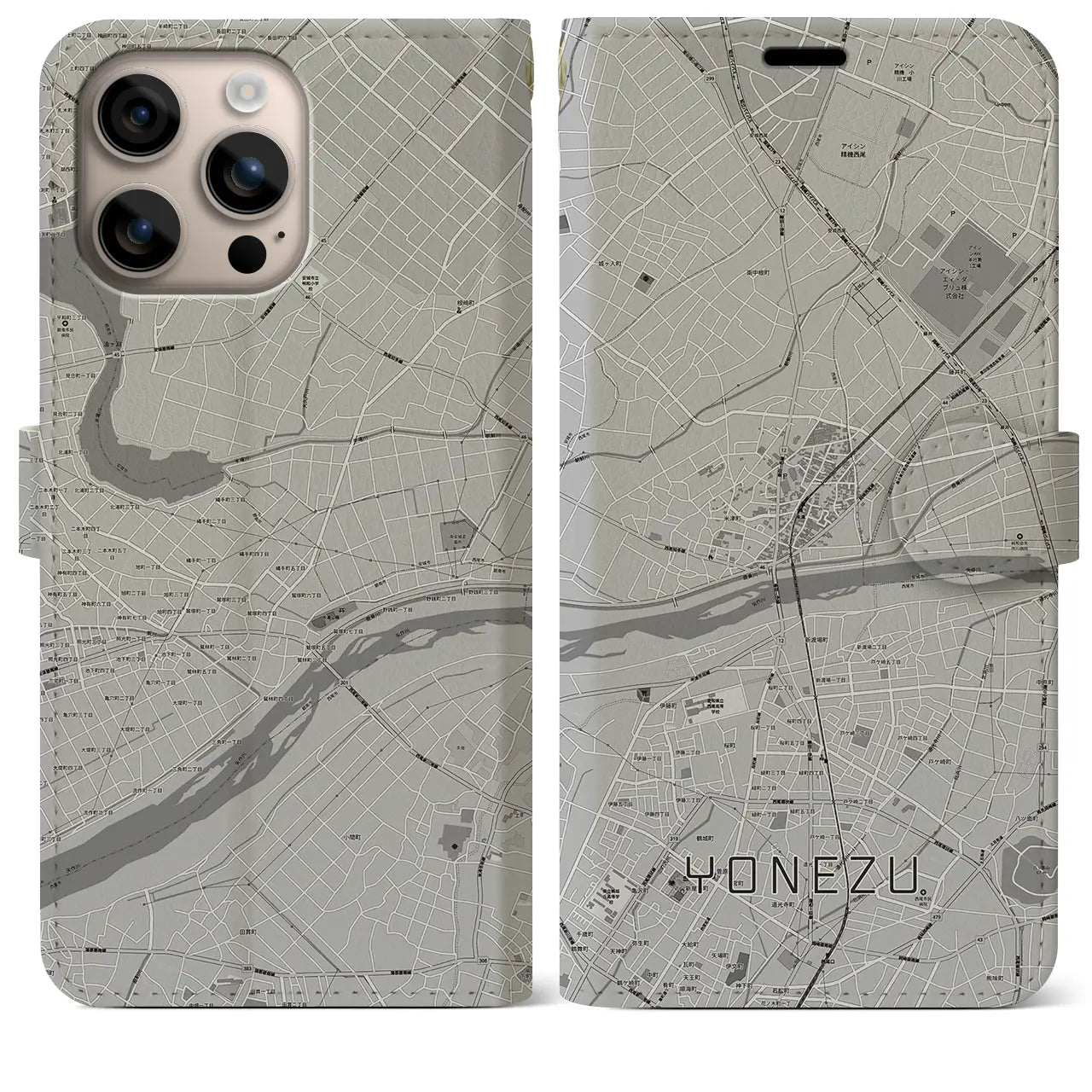 【米津(愛知県)】地図柄iPhoneケース(手帳タイプ)モノトーン・iPhone 16 Plus 用
