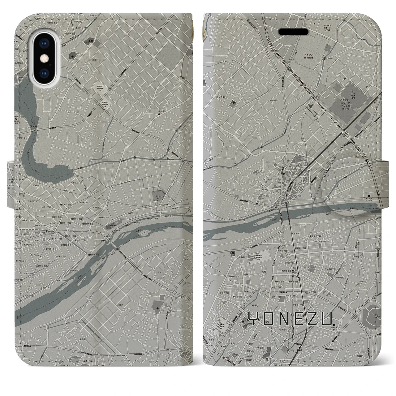 【米津(愛知県)】地図柄iPhoneケース(手帳タイプ)モノトーン・iPhone XS Max 用
