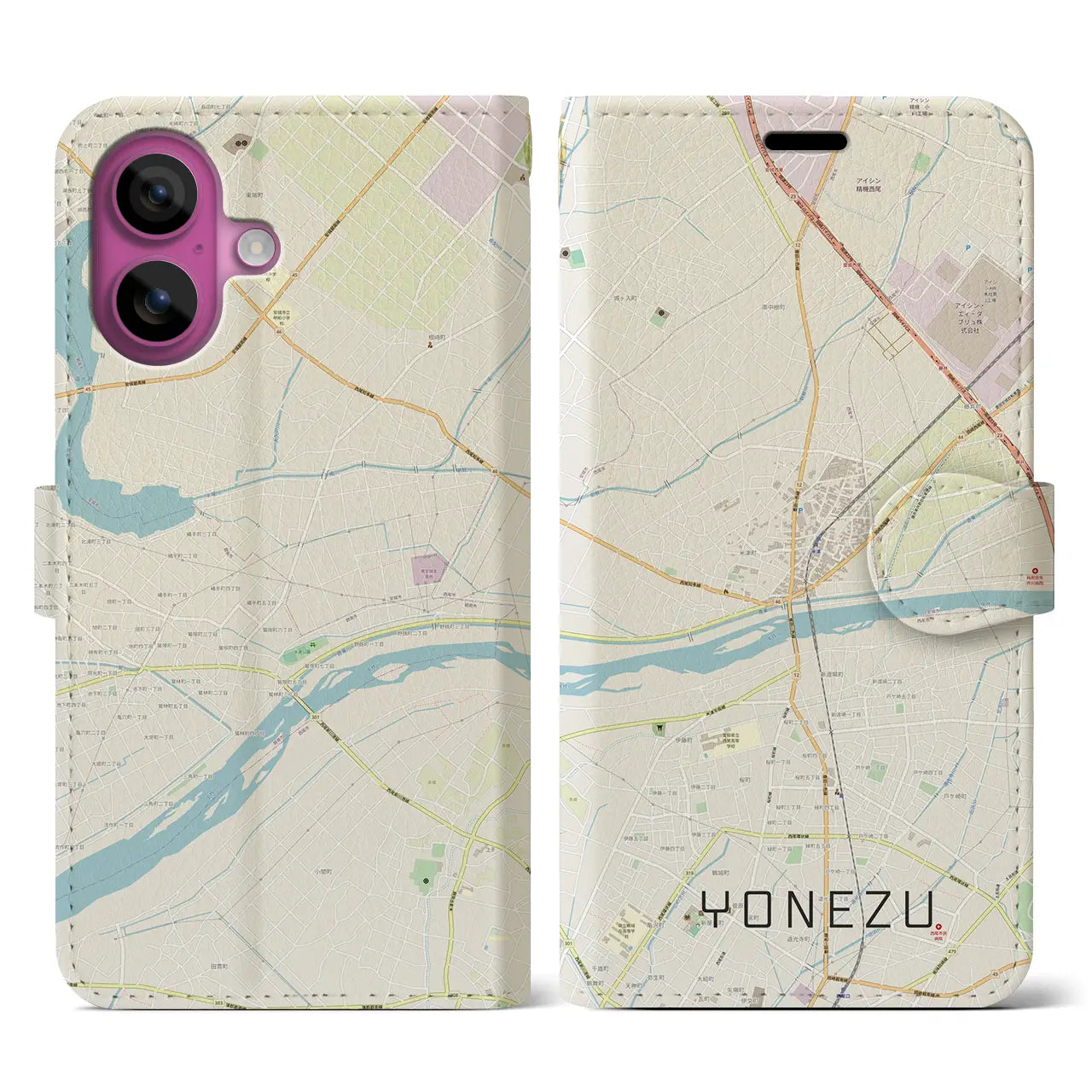 【米津(愛知県)】地図柄iPhoneケース(手帳タイプ)ナチュラル・iPhone 16 Pro 用