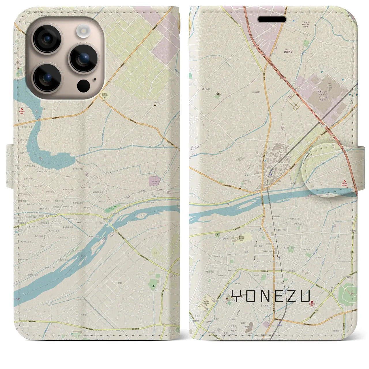 【米津(愛知県)】地図柄iPhoneケース(手帳タイプ)ナチュラル・iPhone 16 Plus 用