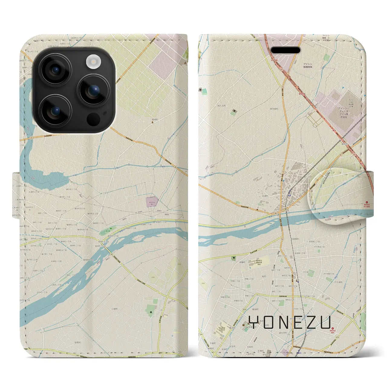 【米津(愛知県)】地図柄iPhoneケース(手帳タイプ)ナチュラル・iPhone 16 用