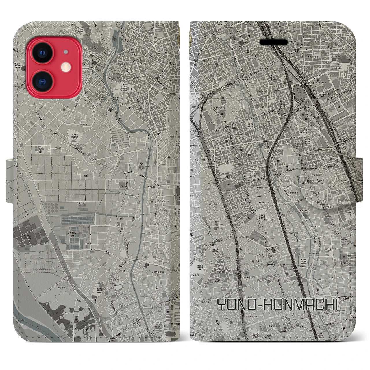 【与野本町(埼玉県)】地図柄iPhoneケース(手帳タイプ)モノトーン・iPhone 11 用