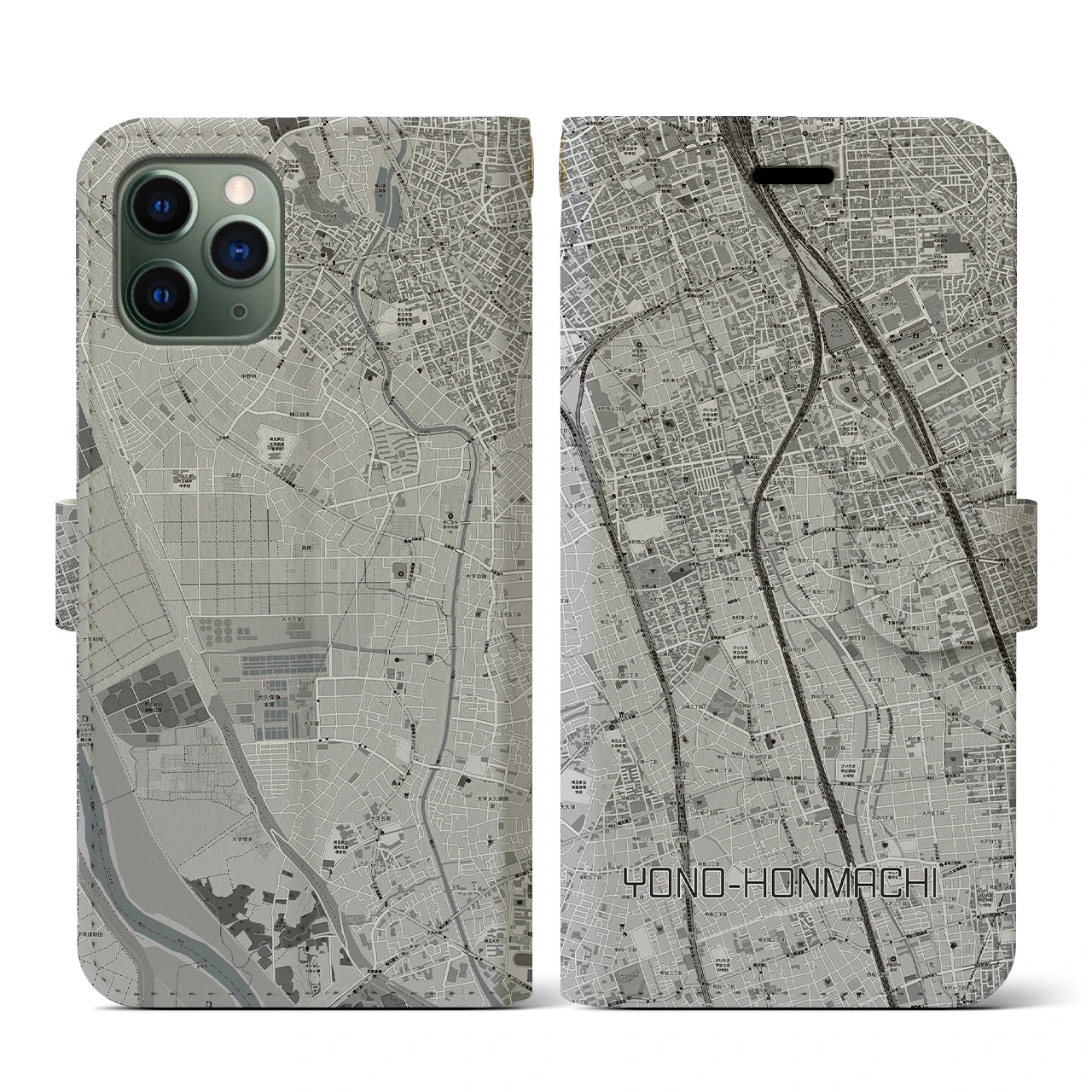 【与野本町(埼玉県)】地図柄iPhoneケース(手帳タイプ)モノトーン・iPhone 11 Pro 用