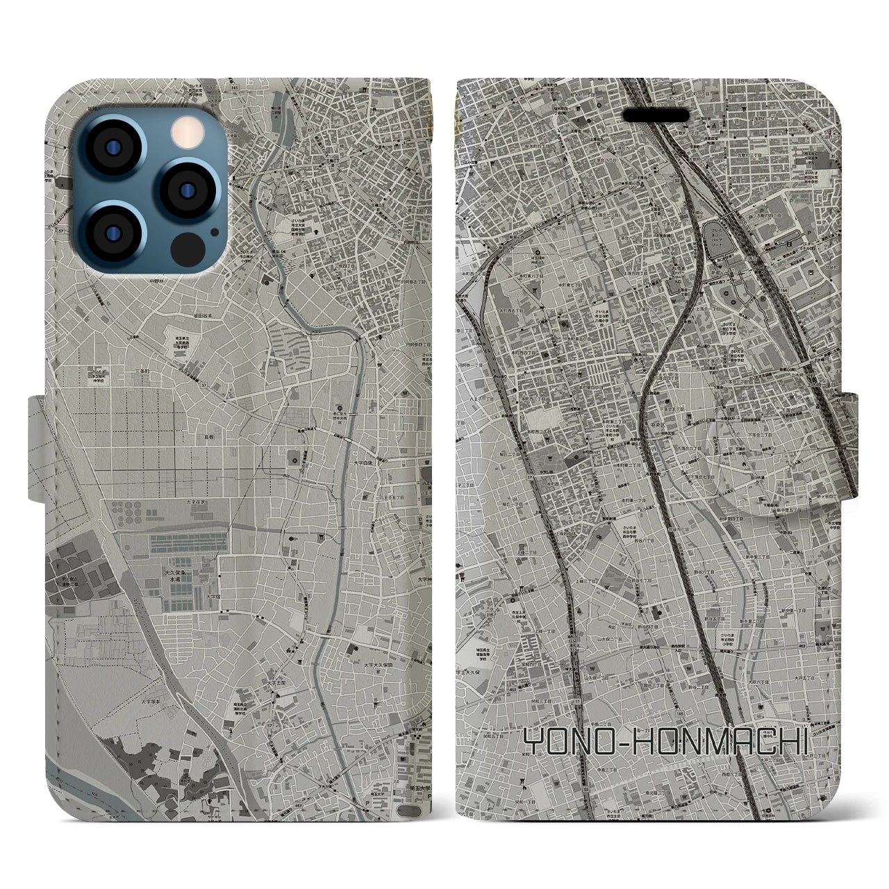 【与野本町(埼玉県)】地図柄iPhoneケース(手帳タイプ)モノトーン・iPhone 12 / 12 Pro 用