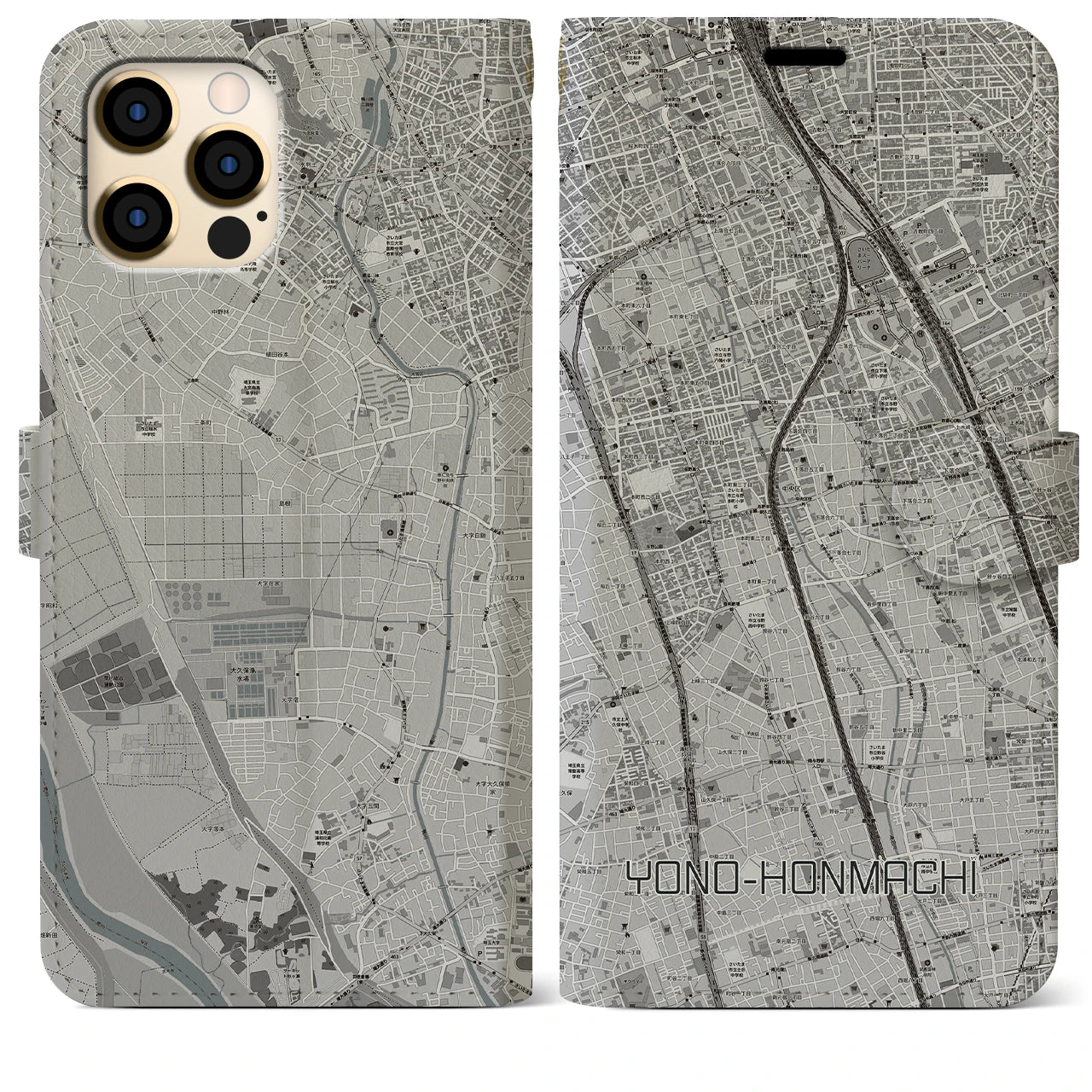 【与野本町(埼玉県)】地図柄iPhoneケース(手帳タイプ)モノトーン・iPhone 12 Pro Max 用
