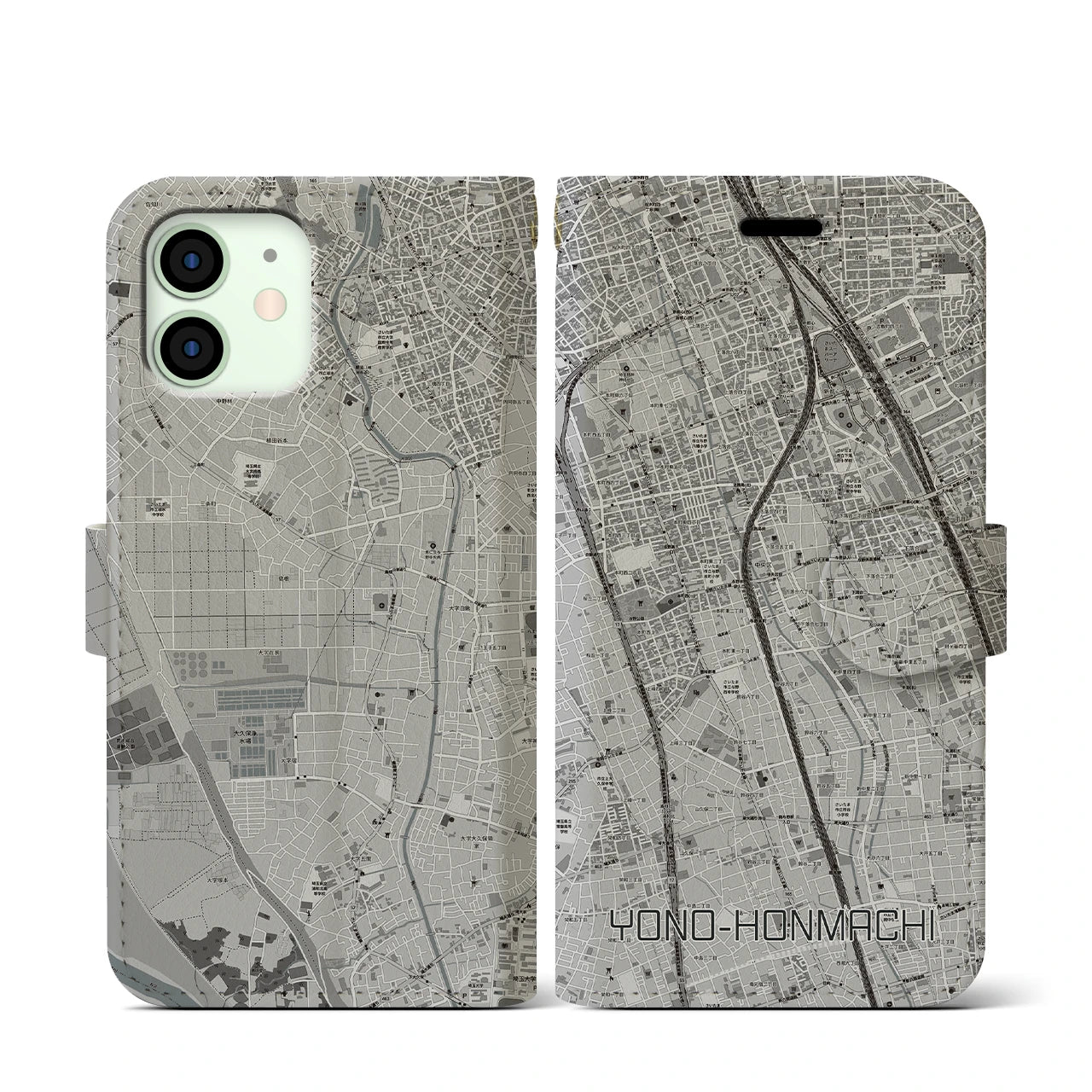 【与野本町(埼玉県)】地図柄iPhoneケース(手帳タイプ)モノトーン・iPhone 12 mini 用