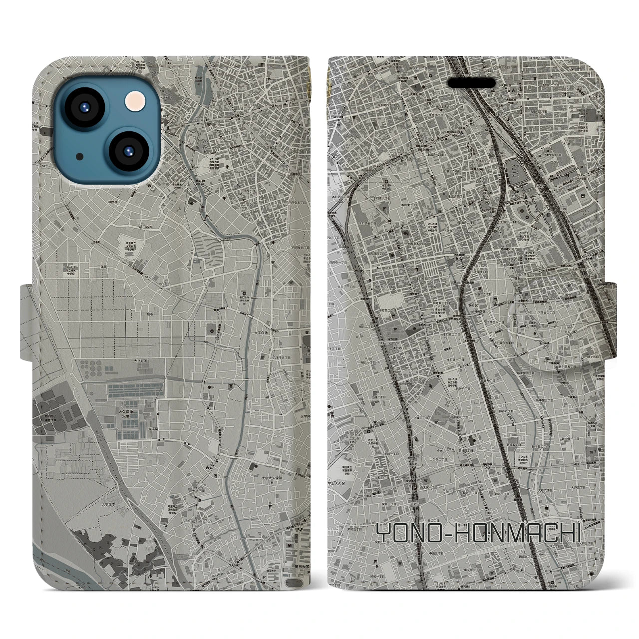 【与野本町(埼玉県)】地図柄iPhoneケース(手帳タイプ)モノトーン・iPhone 13 用