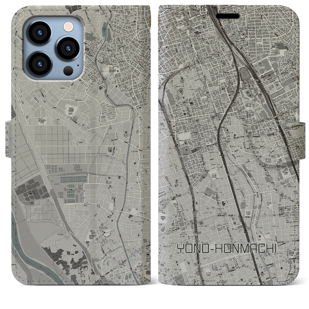 【与野本町(埼玉県)】地図柄iPhoneケース(手帳タイプ)モノトーン・iPhone 13 Pro Max 用