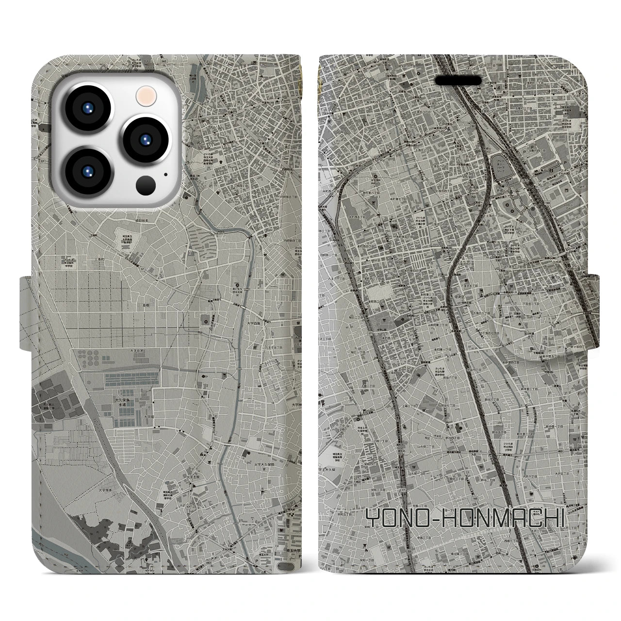 【与野本町(埼玉県)】地図柄iPhoneケース(手帳タイプ)モノトーン・iPhone 13 Pro 用