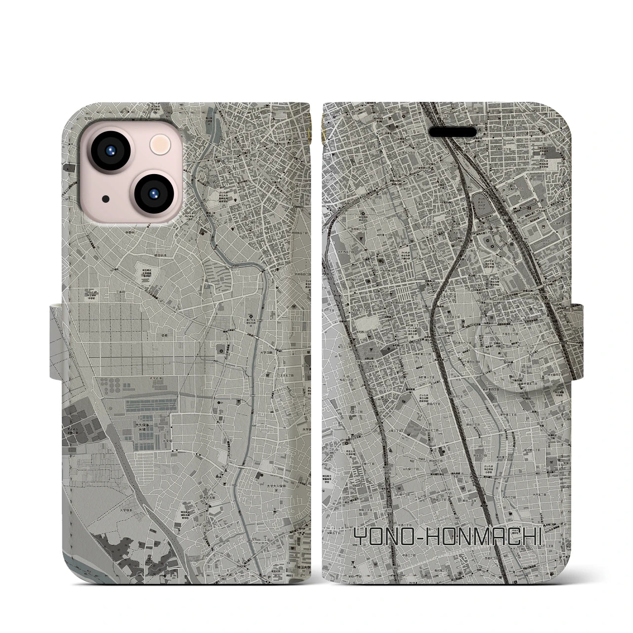 【与野本町(埼玉県)】地図柄iPhoneケース(手帳タイプ)モノトーン・iPhone 13 mini 用