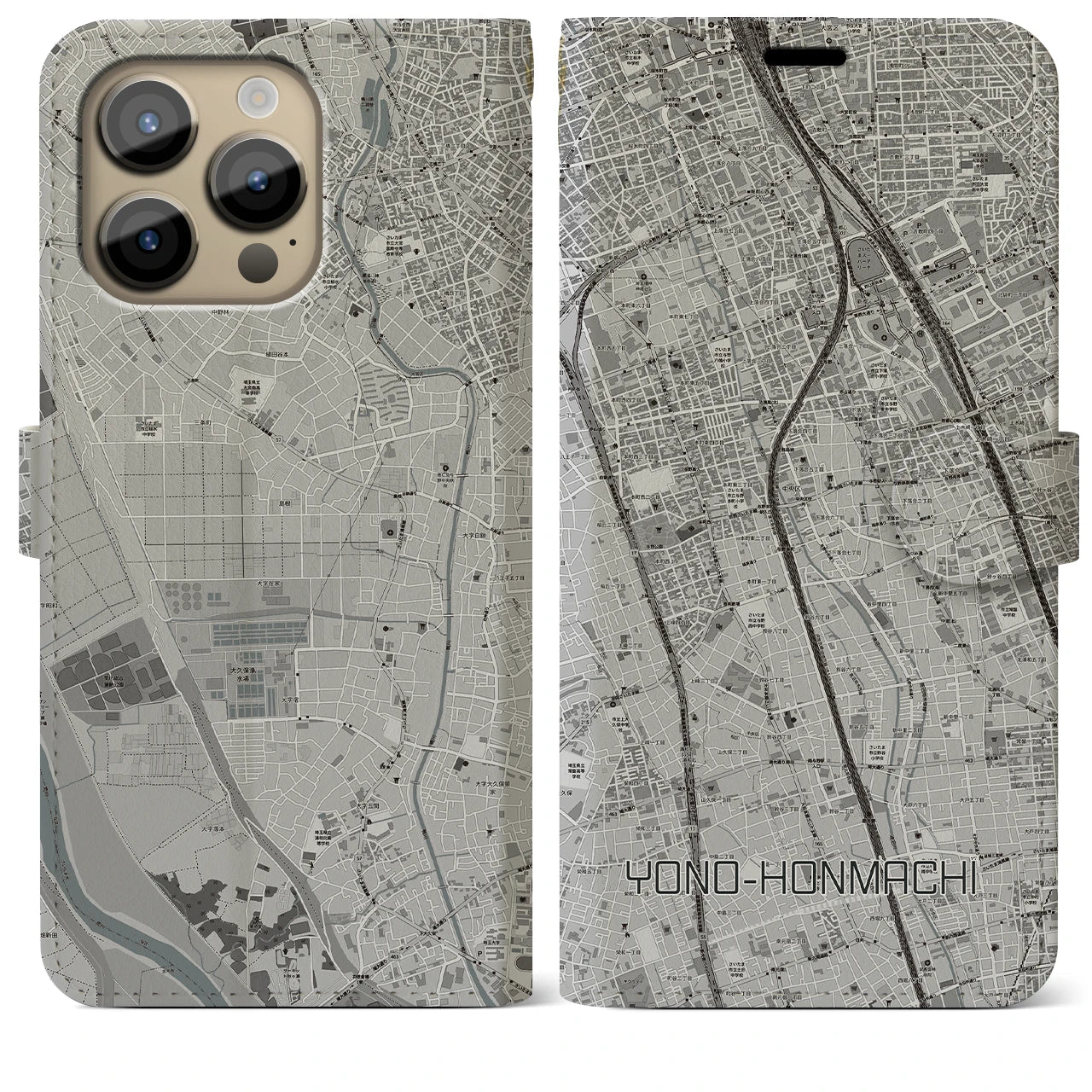 【与野本町(埼玉県)】地図柄iPhoneケース(手帳タイプ)モノトーン・iPhone 14 Pro Max 用