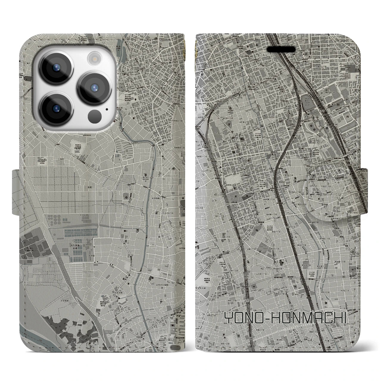 【与野本町(埼玉県)】地図柄iPhoneケース(手帳タイプ)モノトーン・iPhone 14 Pro 用