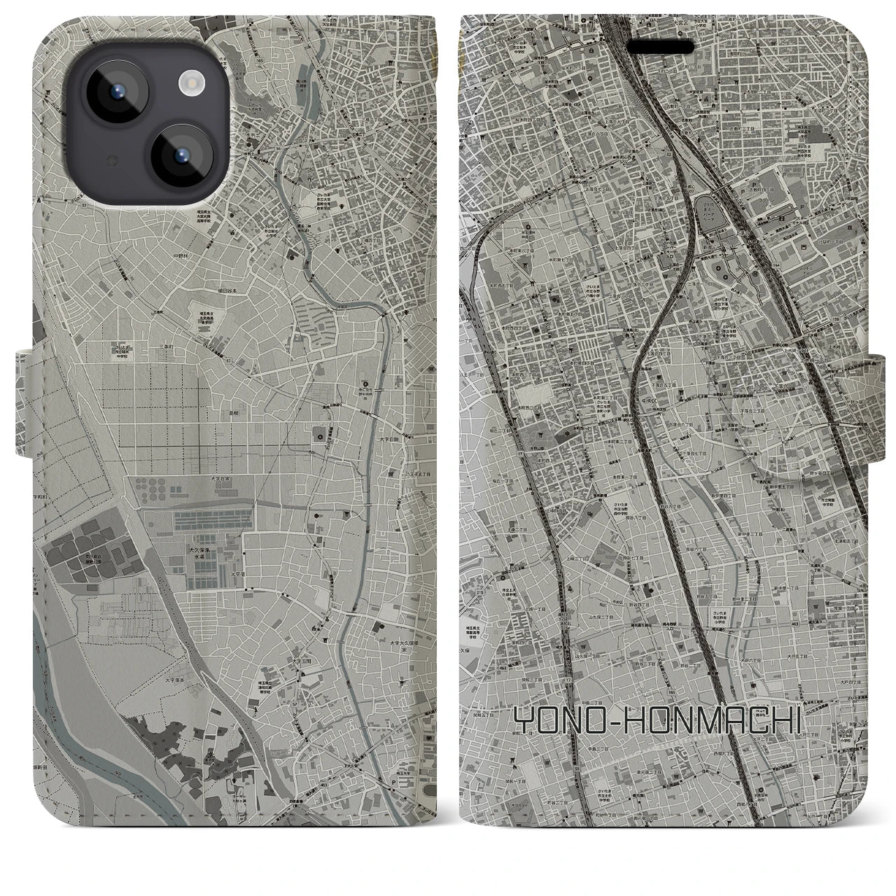 【与野本町(埼玉県)】地図柄iPhoneケース(手帳タイプ)モノトーン・iPhone 14 Plus 用