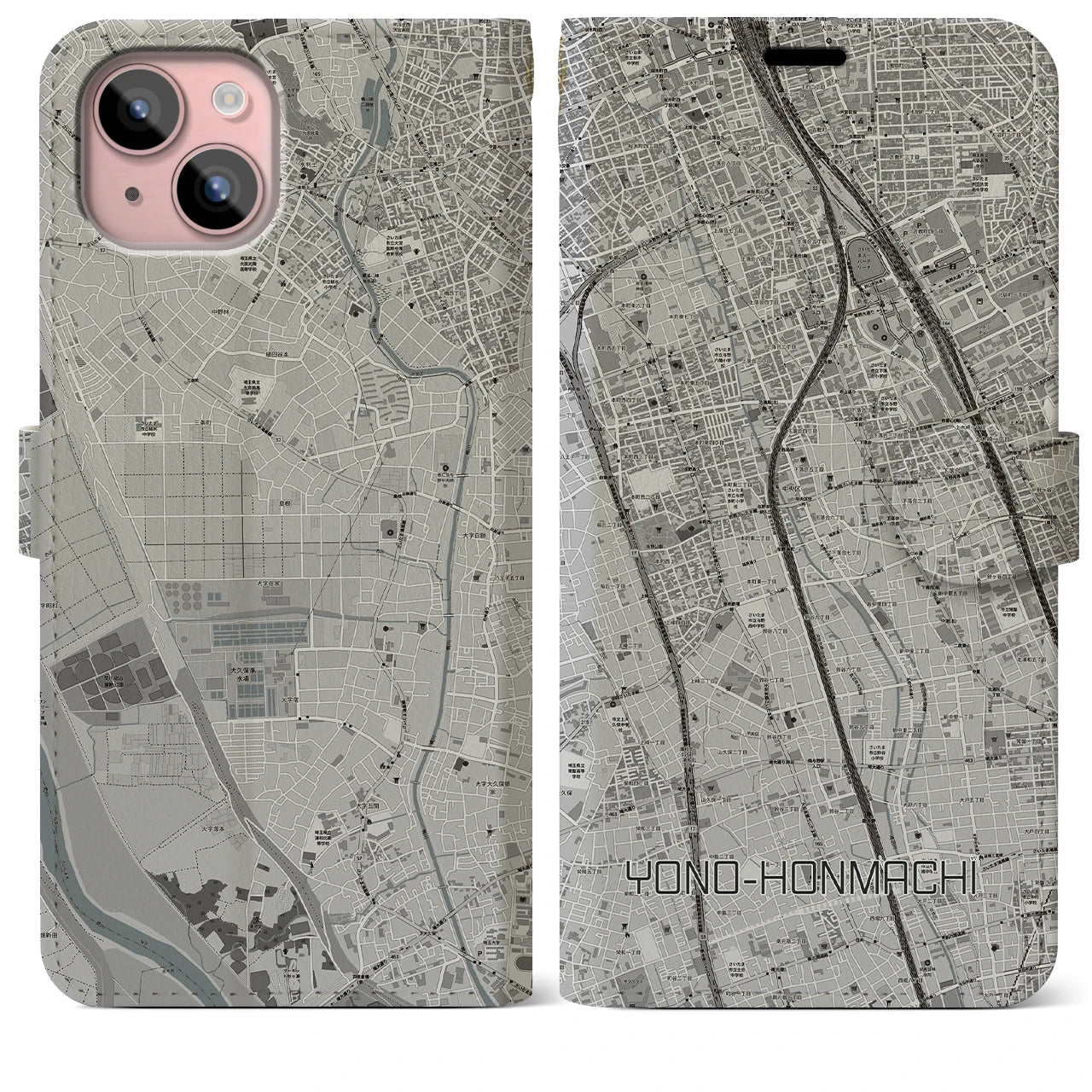 【与野本町(埼玉県)】地図柄iPhoneケース(手帳タイプ)モノトーン・iPhone 15 Plus 用