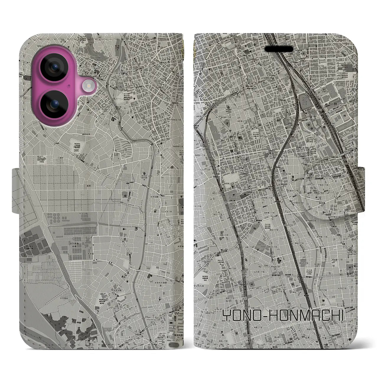 【与野本町(埼玉県)】地図柄iPhoneケース(手帳タイプ)モノトーン・iPhone 16 Pro 用