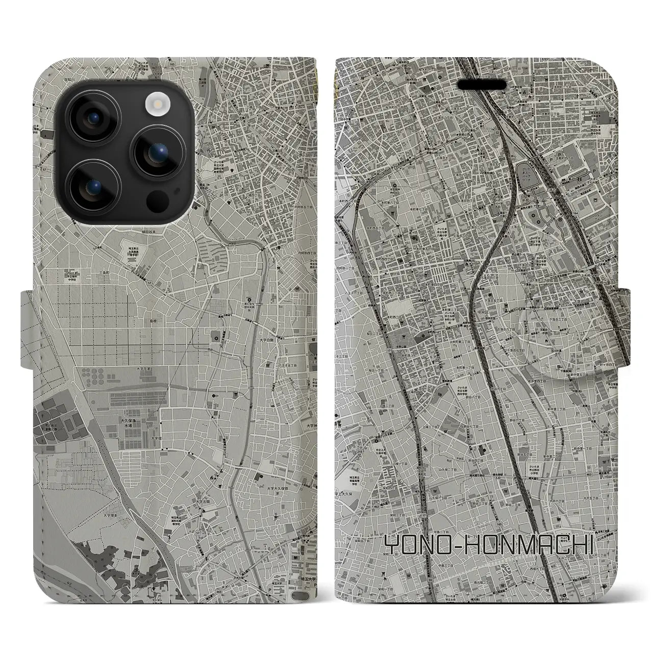 【与野本町(埼玉県)】地図柄iPhoneケース(手帳タイプ)モノトーン・iPhone 16 用