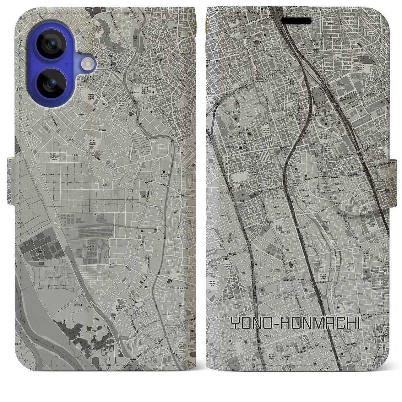 【与野本町(埼玉県)】地図柄iPhoneケース(手帳タイプ)モノトーン・iPhone 16 Pro Max 用