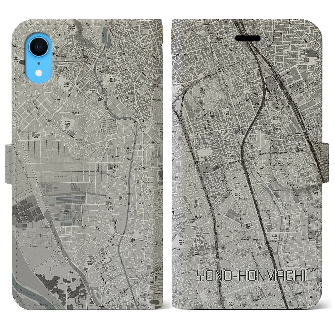 【与野本町(埼玉県)】地図柄iPhoneケース(手帳タイプ)モノトーン・iPhone XR 用