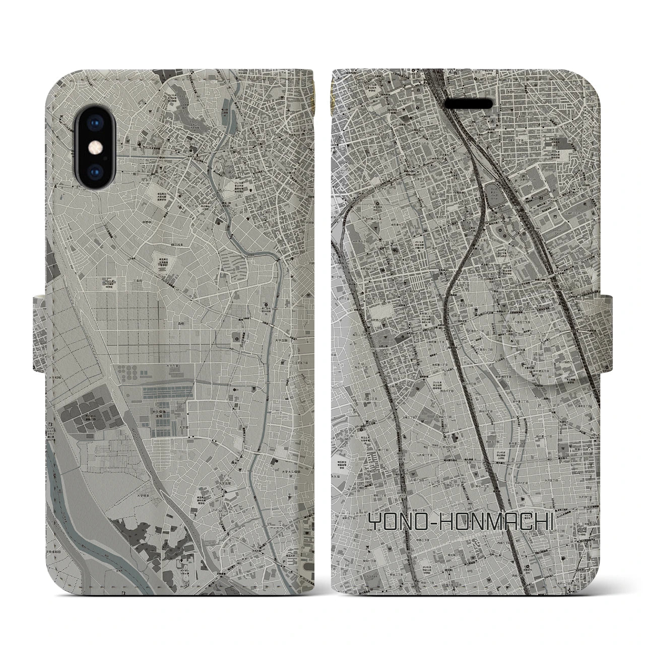 【与野本町(埼玉県)】地図柄iPhoneケース(手帳タイプ)モノトーン・iPhone XS / X 用