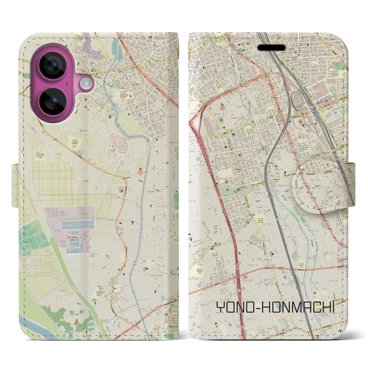 【与野本町(埼玉県)】地図柄iPhoneケース(手帳タイプ)ナチュラル・iPhone 16 Pro 用