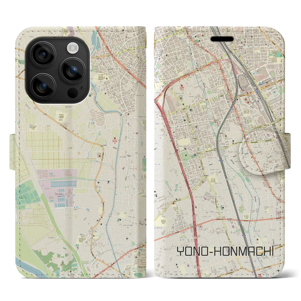 【与野本町(埼玉県)】地図柄iPhoneケース(手帳タイプ)ナチュラル・iPhone 16 用