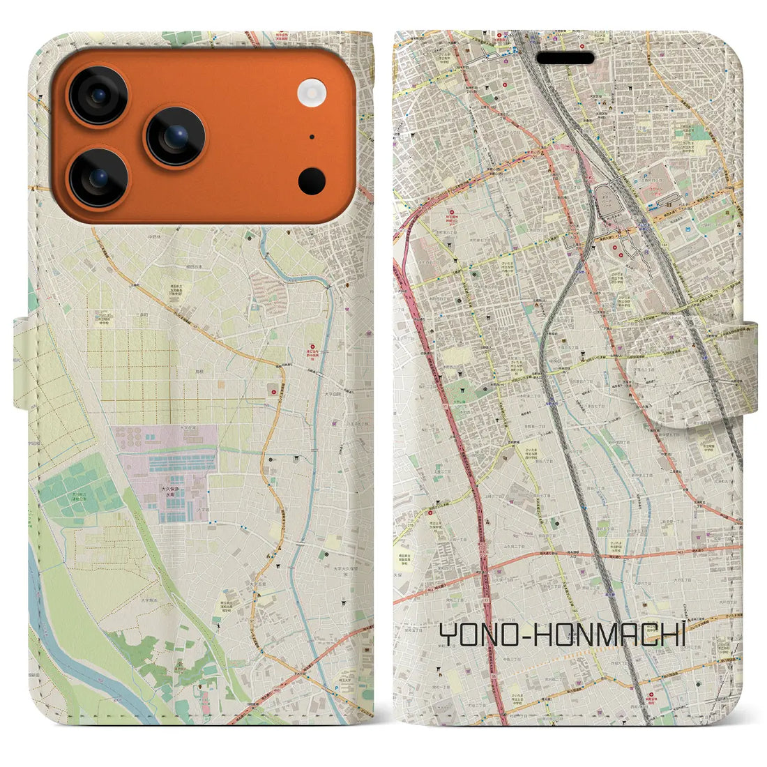 【与野本町(埼玉県)】地図柄iPhoneケース(手帳タイプ)ナチュラル・iPhone 17 Pro Max 用