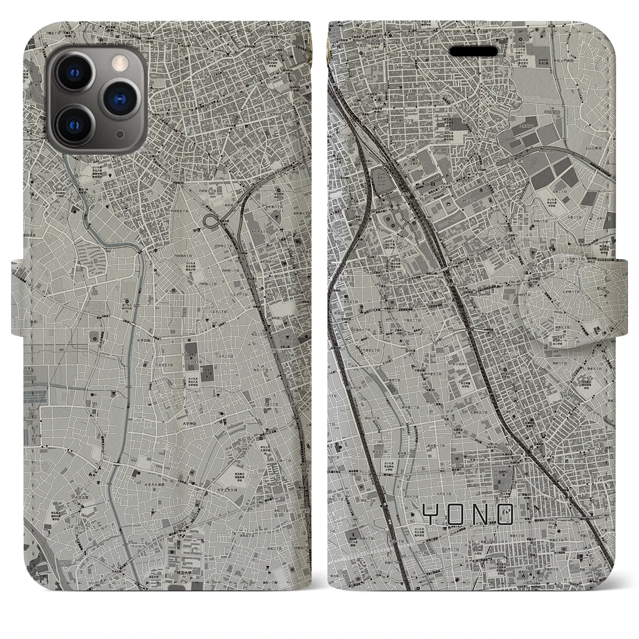 【与野(埼玉県)】地図柄iPhoneケース(手帳タイプ)モノトーン・iPhone 11 Pro Max 用