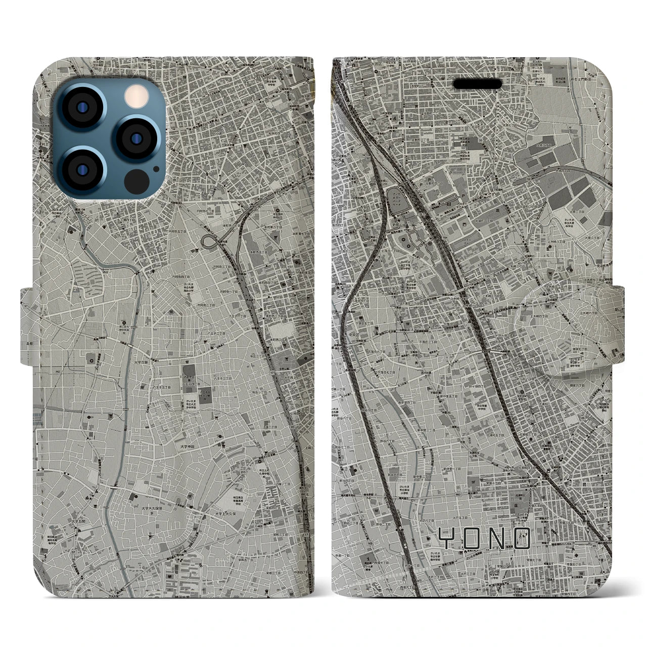 【与野(埼玉県)】地図柄iPhoneケース(手帳タイプ)モノトーン・iPhone 12 / 12 Pro 用