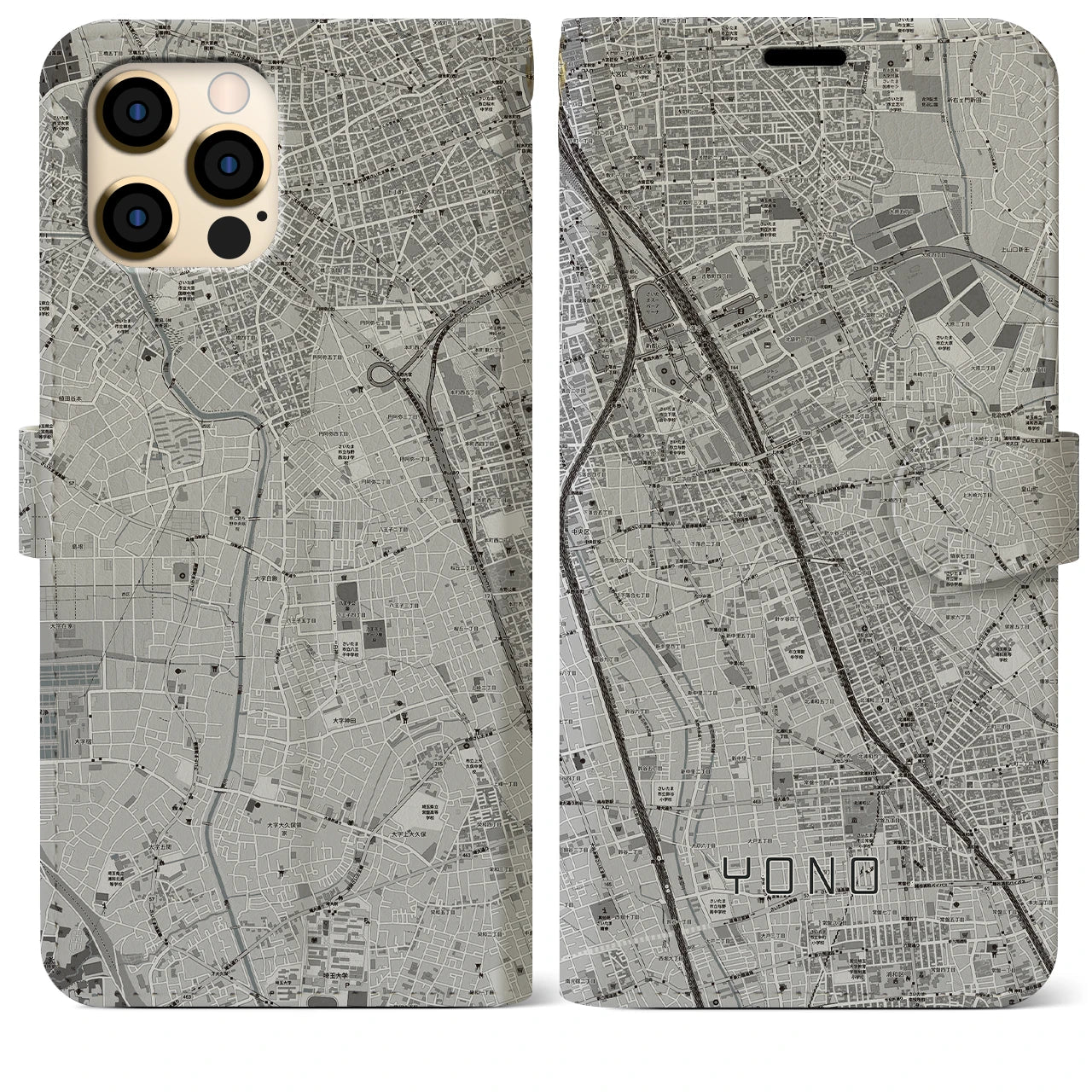 【与野(埼玉県)】地図柄iPhoneケース(手帳タイプ)モノトーン・iPhone 12 Pro Max 用